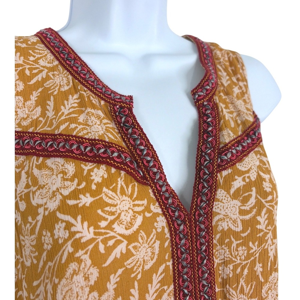 Democracy Womens Floral Boho Tiered Tunic Top Embroidered Mustard Large - Picture 2 of 7